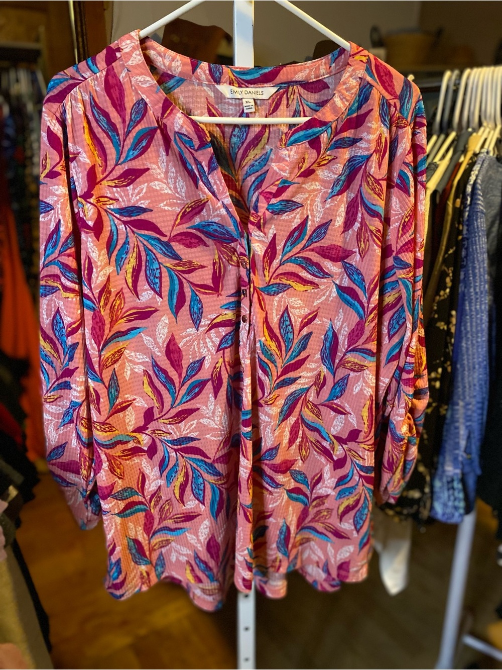 Emily Daniels Pink Leaf-Print Split Neck Blouse